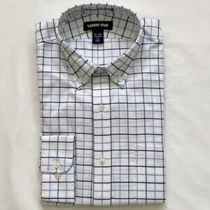 Lands' End Supima cotton no-iron oxford shirt in blue and white plaid (N…